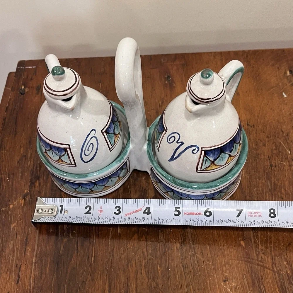 Colorful Pair Oil Vinegar Cruet Set w/ Caddy Hand Painted Made‎ in Italy